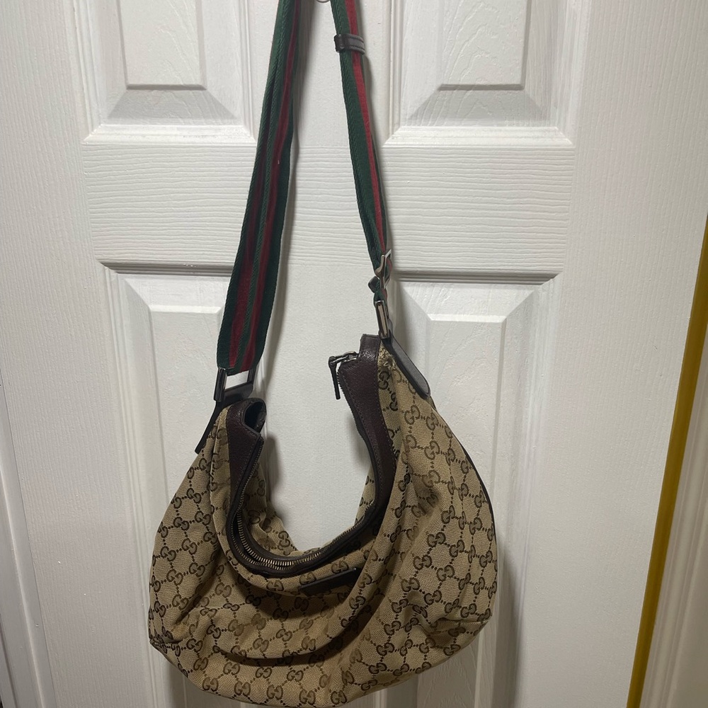 Gucci Tan and Brown Shoulder Bag with Green and Red Strap